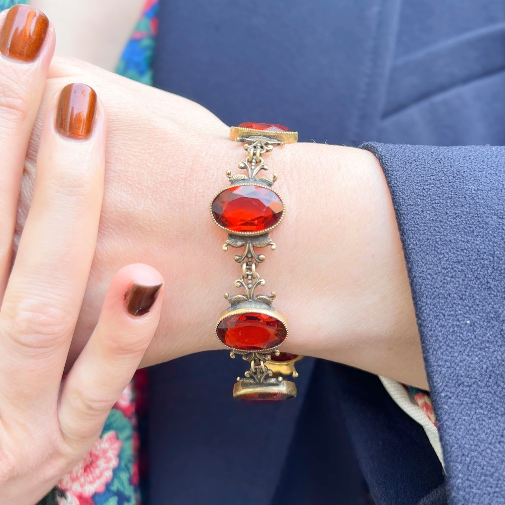 Antique Gold Plated Filigree and Hessonite Garnet Bracelet